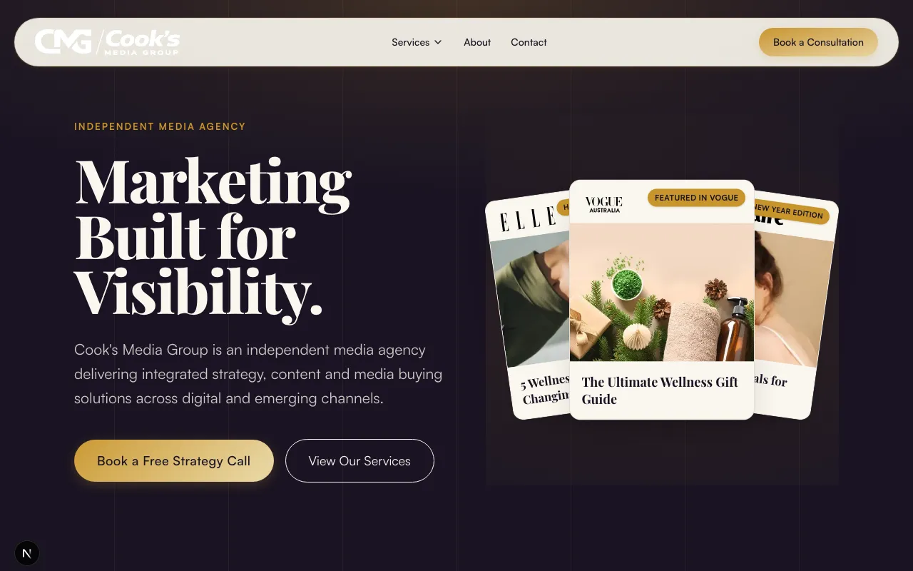 After — the rebuilt cooksmediagroup.com home page: a sophisticated ink, cream, and gold editorial design set in Playfair Display, with real magazine placements.