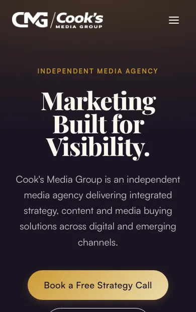 After — the rebuilt cooksmediagroup.com home page on mobile.