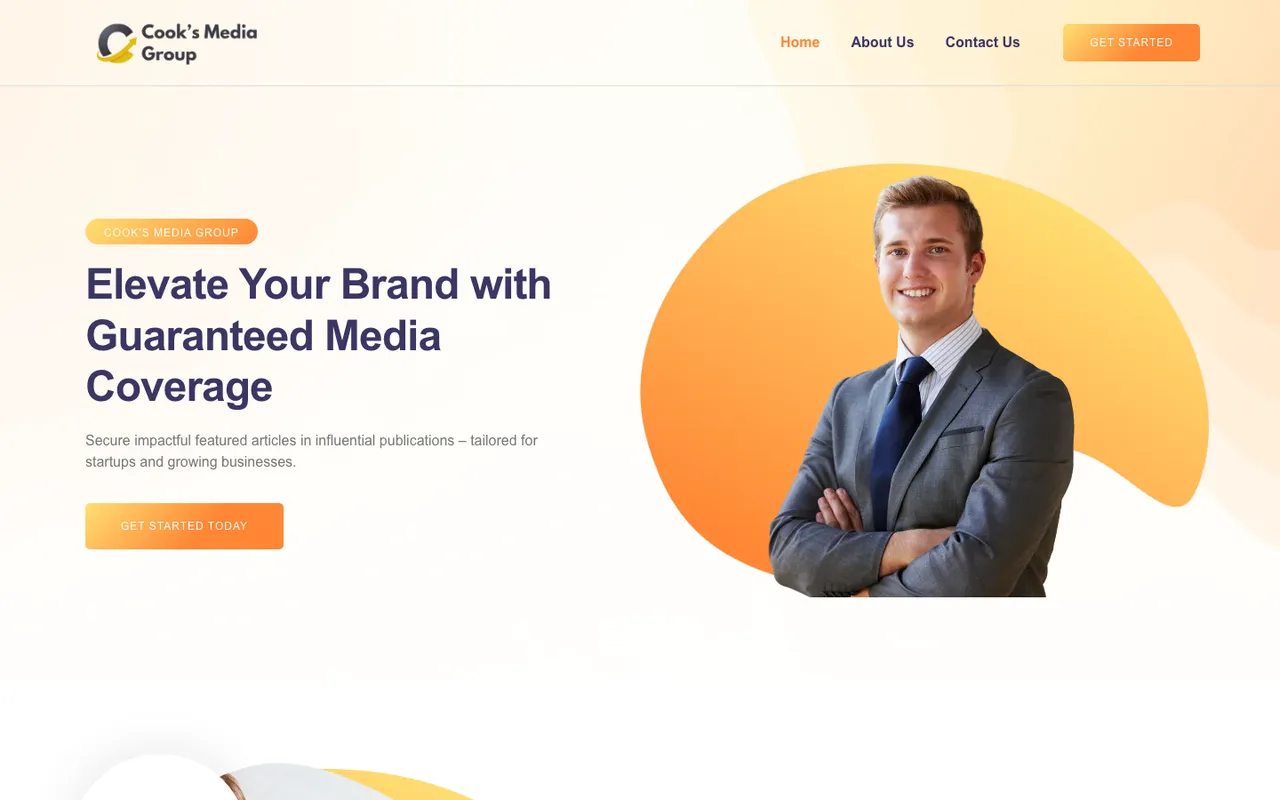 Before — the old cooksmediagroup.com home page: a dated orange and purple WordPress / Elementor template with stock photography.